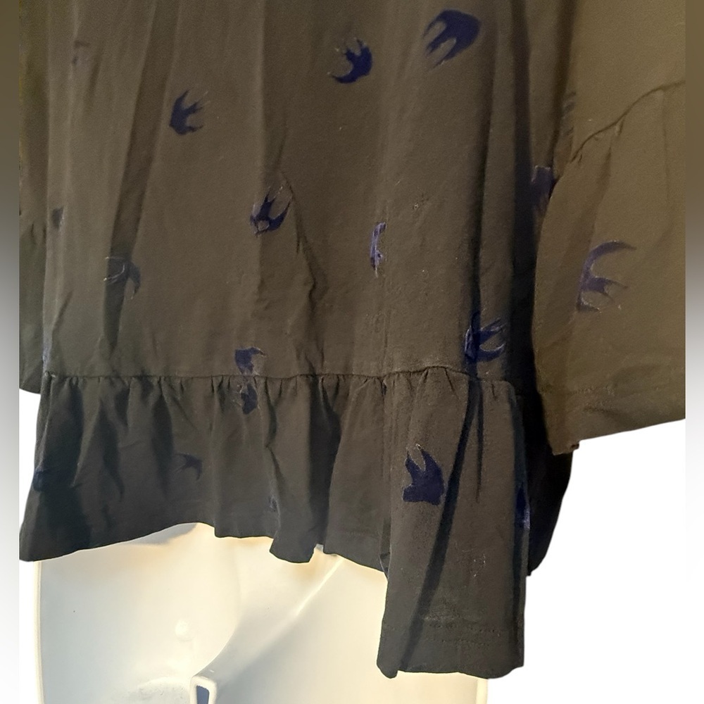 Alexander McQueen McQ Black Blue Velvet Swallow Flock Ruffled T Shirt - Picture 7 of 10